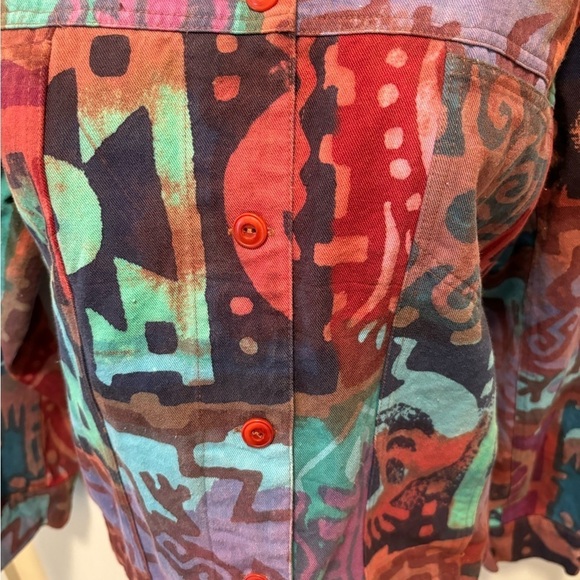 VTG Artsy Boxy Jean Jacket Sz M Colorful Graffiti Print Cotton Pockets Casual - Picture 4 of 9